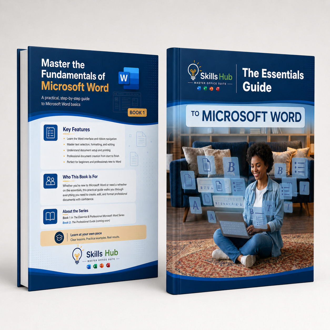 Two book covers for a Microsoft Word guide series, shown on a light gray background. The left cover reads 'Master the Fundamentals of Microsoft Word' and the right cover reads 'The Essentials Guide to Microsoft Word'.
